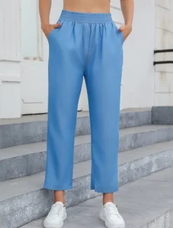 Sale Women's Jeans Linen Pants Pants Trousers Lightweight Casual Full Length Mid Rise Plain Pocket Breathability Comfortable Inelastic Home Casual Daily Light Sky Blue Navy Summer Spring Regular Fit Women Pants