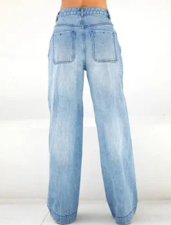 Discount Women's Jeans Wide Leg Fashion Streetwear Full Length High Waist Plain Pocket Comfy Soft Comfortable Micro-elastic Outdoor Street Spring & Fall Regular Fit Women Pants