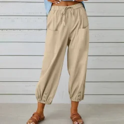 New Women's Jogger Pants Olive Green Casual Drawstring Elastic Ankle Button Detail Pockets Light Breathable Spring Autumn Leisure Comfort Multiple Sizes Women Pants