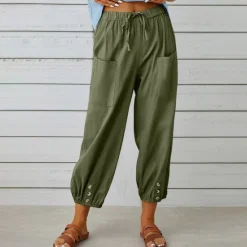New Women's Jogger Pants Olive Green Casual Drawstring Elastic Ankle Button Detail Pockets Light Breathable Spring Autumn Leisure Comfort Multiple Sizes Women Pants