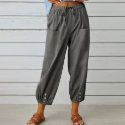 New Women's Jogger Pants Olive Green Casual Drawstring Elastic Ankle Button Detail Pockets Light Breathable Spring Autumn Leisure Comfort Multiple Sizes Women Pants
