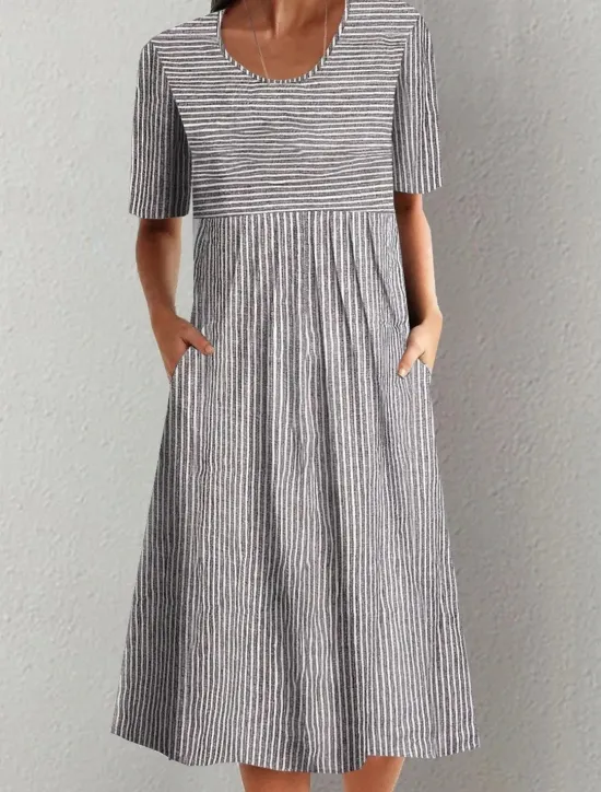 Clearance Women's Jumper Dress Stripe Ruched Print Crew Neck Midi Dress Elegant Bohemia Home Daily Summer Women T Shirt Dresses