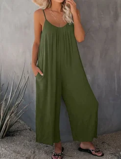 Clearance Women's Jumpsuit Active Solid Color Sleeveless U Neck Vacation Daily Loose Fit Black Army Green Red Summer Women Jumpsuits|Graphic Jumpsuit