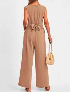 Outlet Women's Jumpsuit Active Solid Color Sleeveless V Neck High Waist Vacation Daily Linen Like Regular Fit Black Wine Army Green Summer Women Jumpsuits|Sets