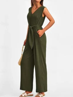 Outlet Women's Jumpsuit Active Solid Color Sleeveless V Neck High Waist Vacation Daily Linen Like Regular Fit Black Wine Army Green Summer Women Jumpsuits|Sets