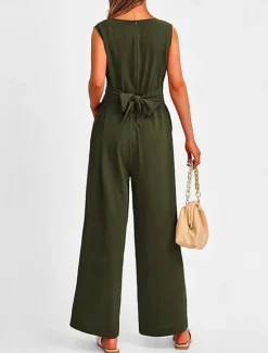 Outlet Women's Jumpsuit Active Solid Color Sleeveless V Neck High Waist Vacation Daily Linen Like Regular Fit Black Wine Army Green Summer Women Jumpsuits|Sets