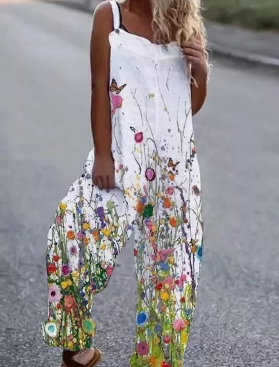 New Women's Jumpsuit Button Print Floral Cold Shoulder Ordinary Street Going out Wide Leg Loose Fit Sleeveless Sleeveless Black White Yellow S M L Summer Women Jumpsuits