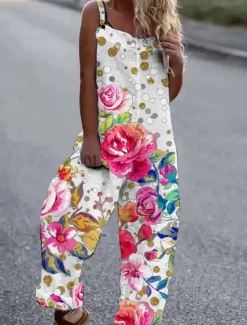 New Women's Jumpsuit Button Print Floral Cold Shoulder Ordinary Street Going out Wide Leg Loose Fit Sleeveless Sleeveless Black White Yellow S M L Summer Women Jumpsuits