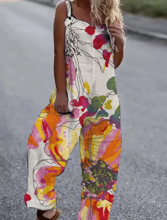 New Women's Jumpsuit Button Print Floral Cold Shoulder Ordinary Street Going out Wide Leg Loose Fit Sleeveless Sleeveless Black White Yellow S M L Summer Women Jumpsuits