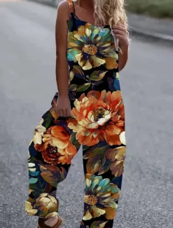 New Women's Jumpsuit Button Print Floral Cold Shoulder Ordinary Street Going out Wide Leg Loose Fit Sleeveless Sleeveless Black White Yellow S M L Summer Women Jumpsuits