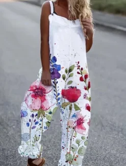 Women's Jumpsuit Dungarees Sleeveless Butterfly Print Top White Pants Casual Comfortable Adjustable Strap Straight-Leg Summer Fashion Clothing Apparel Women Overalls