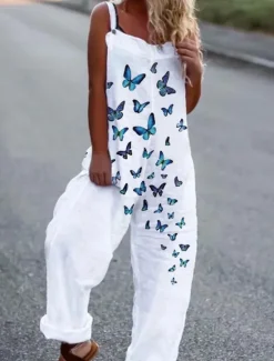 Women's Jumpsuit Dungarees Sleeveless Butterfly Print Top White Pants Casual Comfortable Adjustable Strap Straight-Leg Summer Fashion Clothing Apparel Women Overalls