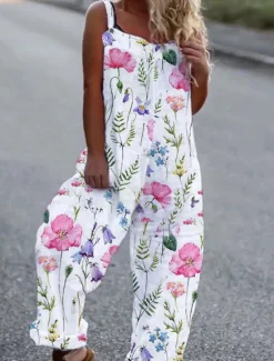 Women's Jumpsuit Dungarees Sleeveless Butterfly Print Top White Pants Casual Comfortable Adjustable Strap Straight-Leg Summer Fashion Clothing Apparel Women Overalls