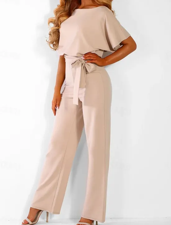 Discount Women's Jumpsuit Elegant Belted Waist Red Wide-Leg Round Neck Short Sleeve Solid Color Party Work Casual Spring Summer Clothing Apparel Women Jumpsuits