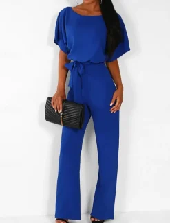 Discount Women's Jumpsuit Elegant Belted Waist Red Wide-Leg Round Neck Short Sleeve Solid Color Party Work Casual Spring Summer Clothing Apparel Women Jumpsuits