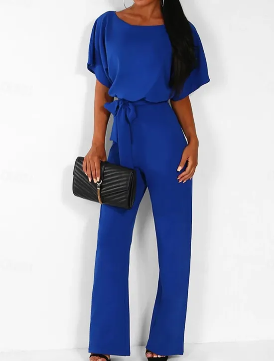 Discount Women's Jumpsuit Elegant Belted Waist Red Wide-Leg Round Neck Short Sleeve Solid Color Party Work Casual Spring Summer Clothing Apparel Women Jumpsuits
