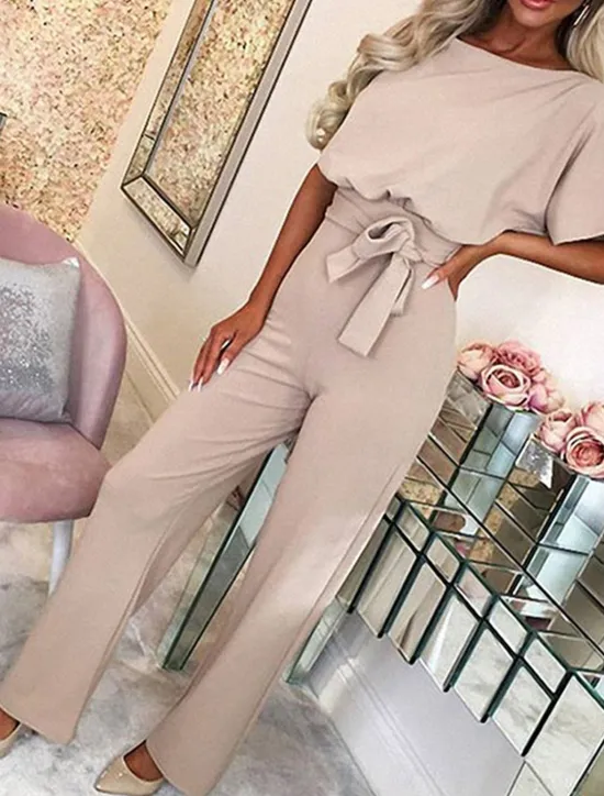 Discount Women's Jumpsuit Elegant Belted Waist Red Wide-Leg Round Neck Short Sleeve Solid Color Party Work Casual Spring Summer Clothing Apparel Women Jumpsuits
