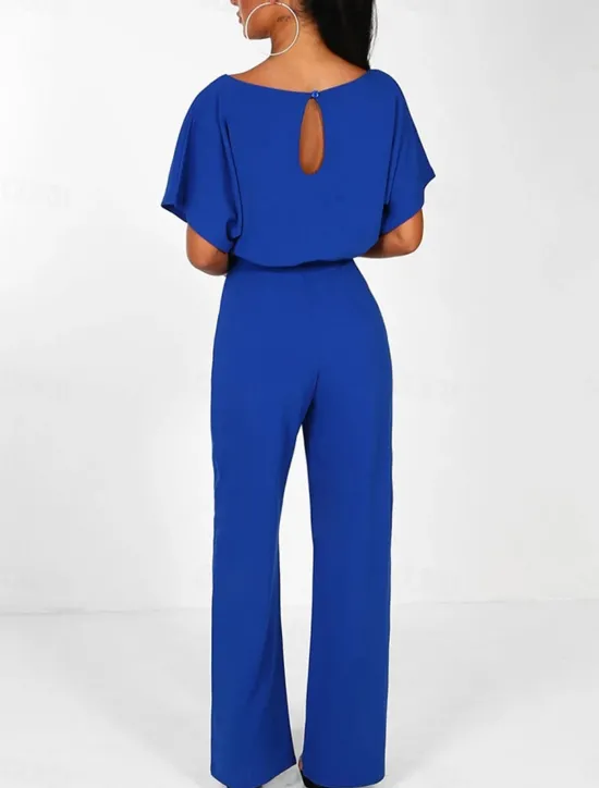 Discount Women's Jumpsuit Elegant Belted Waist Red Wide-Leg Round Neck Short Sleeve Solid Color Party Work Casual Spring Summer Clothing Apparel Women Jumpsuits