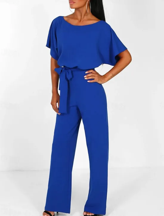 Discount Women's Jumpsuit Elegant Belted Waist Red Wide-Leg Round Neck Short Sleeve Solid Color Party Work Casual Spring Summer Clothing Apparel Women Jumpsuits