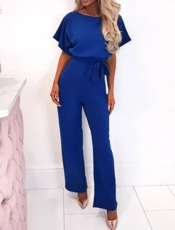 Discount Women's Jumpsuit Elegant Belted Waist Red Wide-Leg Round Neck Short Sleeve Solid Color Party Work Casual Spring Summer Clothing Apparel Women Jumpsuits