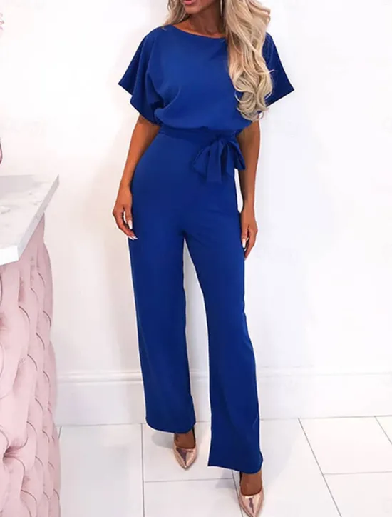 Discount Women's Jumpsuit Elegant Belted Waist Red Wide-Leg Round Neck Short Sleeve Solid Color Party Work Casual Spring Summer Clothing Apparel Women Jumpsuits