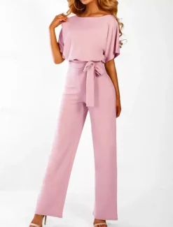 Discount Women's Jumpsuit Elegant Belted Waist Red Wide-Leg Round Neck Short Sleeve Solid Color Party Work Casual Spring Summer Clothing Apparel Women Jumpsuits