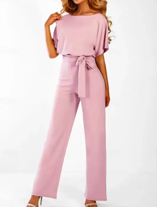 Discount Women's Jumpsuit Elegant Belted Waist Red Wide-Leg Round Neck Short Sleeve Solid Color Party Work Casual Spring Summer Clothing Apparel Women Jumpsuits