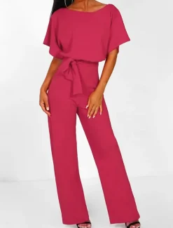 Discount Women's Jumpsuit Elegant Belted Waist Red Wide-Leg Round Neck Short Sleeve Solid Color Party Work Casual Spring Summer Clothing Apparel Women Jumpsuits
