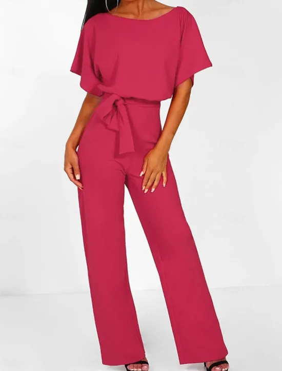 Discount Women's Jumpsuit Elegant Belted Waist Red Wide-Leg Round Neck Short Sleeve Solid Color Party Work Casual Spring Summer Clothing Apparel Women Jumpsuits