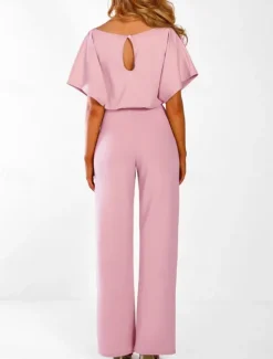 Discount Women's Jumpsuit Elegant Belted Waist Red Wide-Leg Round Neck Short Sleeve Solid Color Party Work Casual Spring Summer Clothing Apparel Women Jumpsuits