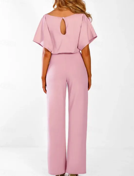 Discount Women's Jumpsuit Elegant Belted Waist Red Wide-Leg Round Neck Short Sleeve Solid Color Party Work Casual Spring Summer Clothing Apparel Women Jumpsuits