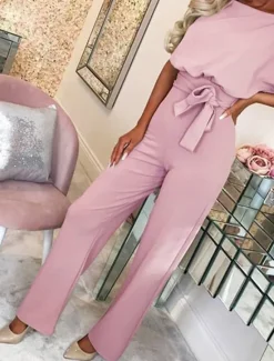 Discount Women's Jumpsuit Elegant Belted Waist Red Wide-Leg Round Neck Short Sleeve Solid Color Party Work Casual Spring Summer Clothing Apparel Women Jumpsuits