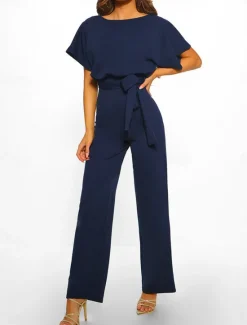 Discount Women's Jumpsuit Elegant Belted Waist Red Wide-Leg Round Neck Short Sleeve Solid Color Party Work Casual Spring Summer Clothing Apparel Women Jumpsuits