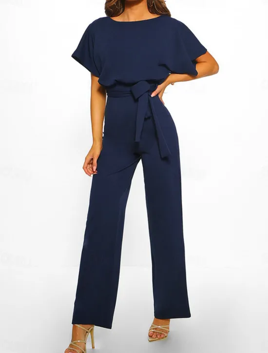 Discount Women's Jumpsuit Elegant Belted Waist Red Wide-Leg Round Neck Short Sleeve Solid Color Party Work Casual Spring Summer Clothing Apparel Women Jumpsuits