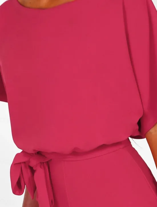 Discount Women's Jumpsuit Elegant Belted Waist Red Wide-Leg Round Neck Short Sleeve Solid Color Party Work Casual Spring Summer Clothing Apparel Women Jumpsuits