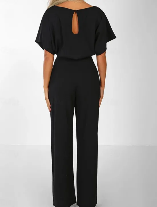 Discount Women's Jumpsuit Elegant Belted Waist Red Wide-Leg Round Neck Short Sleeve Solid Color Party Work Casual Spring Summer Clothing Apparel Women Jumpsuits