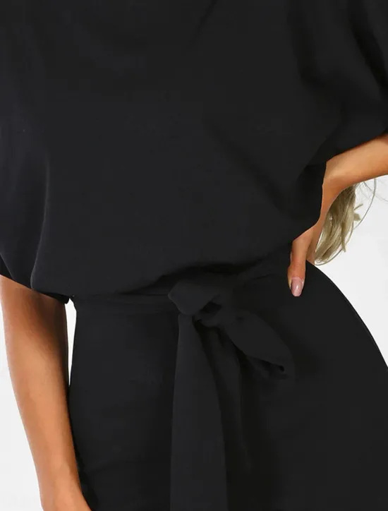 Discount Women's Jumpsuit Elegant Belted Waist Red Wide-Leg Round Neck Short Sleeve Solid Color Party Work Casual Spring Summer Clothing Apparel Women Jumpsuits