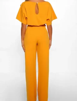 Discount Women's Jumpsuit Elegant Belted Waist Red Wide-Leg Round Neck Short Sleeve Solid Color Party Work Casual Spring Summer Clothing Apparel Women Jumpsuits