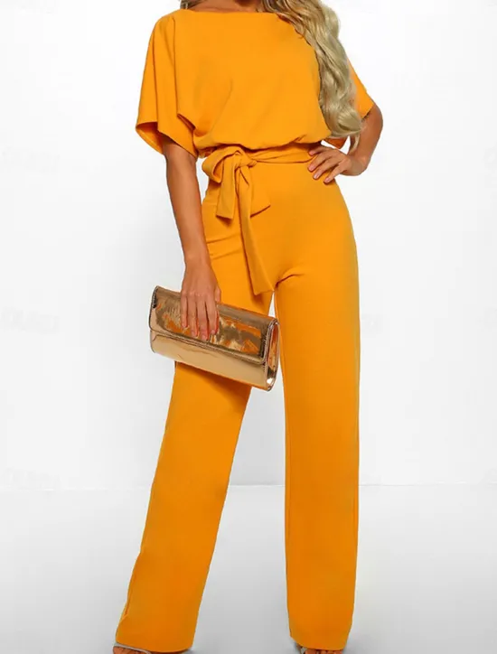 Discount Women's Jumpsuit Elegant Belted Waist Red Wide-Leg Round Neck Short Sleeve Solid Color Party Work Casual Spring Summer Clothing Apparel Women Jumpsuits