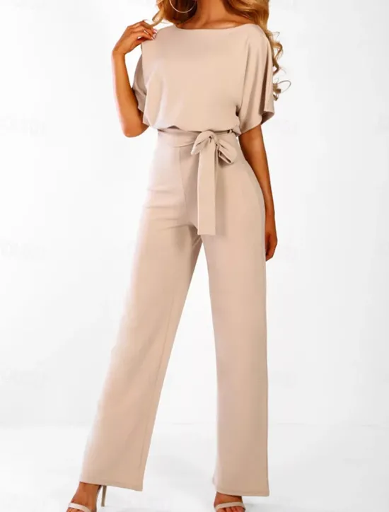 Discount Women's Jumpsuit Elegant Belted Waist Red Wide-Leg Round Neck Short Sleeve Solid Color Party Work Casual Spring Summer Clothing Apparel Women Jumpsuits