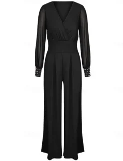 Women's Jumpsuit Elegant Solid Color Long Sleeve Lantern Sleeve Wide Leg V Neck Rivet Patchwork School Vacation Regular Fit All Seasons Women Graphic Jumpsuit