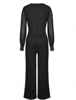 Women's Jumpsuit Elegant Solid Color Long Sleeve Lantern Sleeve Wide Leg V Neck Rivet Patchwork School Vacation Regular Fit All Seasons Women Graphic Jumpsuit
