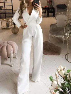 Discount Women's Jumpsuit for Special Occasions Pocket High Waist Solid Color V Neck Streetwear Office Work Regular Fit Long Sleeve Black White Wine S M L Summer Women Jumpsuits