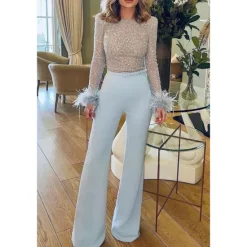 Outlet Women's Jumpsuit for Special Occasions Party Solid Color Feather Patchwork Wide Leg Long Sleeve Cocktail Fall Disco Women Jumpsuits