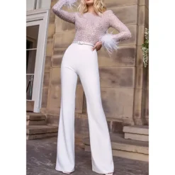Outlet Women's Jumpsuit for Special Occasions Party Solid Color Feather Patchwork Wide Leg Long Sleeve Cocktail Fall Disco Women Jumpsuits