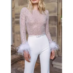 Outlet Women's Jumpsuit for Special Occasions Party Solid Color Feather Patchwork Wide Leg Long Sleeve Cocktail Fall Disco Women Jumpsuits