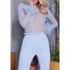 Outlet Women's Jumpsuit for Special Occasions Party Solid Color Feather Patchwork Wide Leg Long Sleeve Cocktail Fall Disco Women Jumpsuits