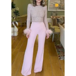Outlet Women's Jumpsuit for Special Occasions Party Solid Color Feather Patchwork Wide Leg Long Sleeve Cocktail Fall Disco Women Jumpsuits