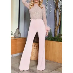 Outlet Women's Jumpsuit for Special Occasions Party Solid Color Feather Patchwork Wide Leg Long Sleeve Cocktail Fall Disco Women Jumpsuits