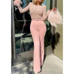 Outlet Women's Jumpsuit for Special Occasions Party Solid Color Feather Patchwork Wide Leg Long Sleeve Cocktail Fall Disco Women Jumpsuits